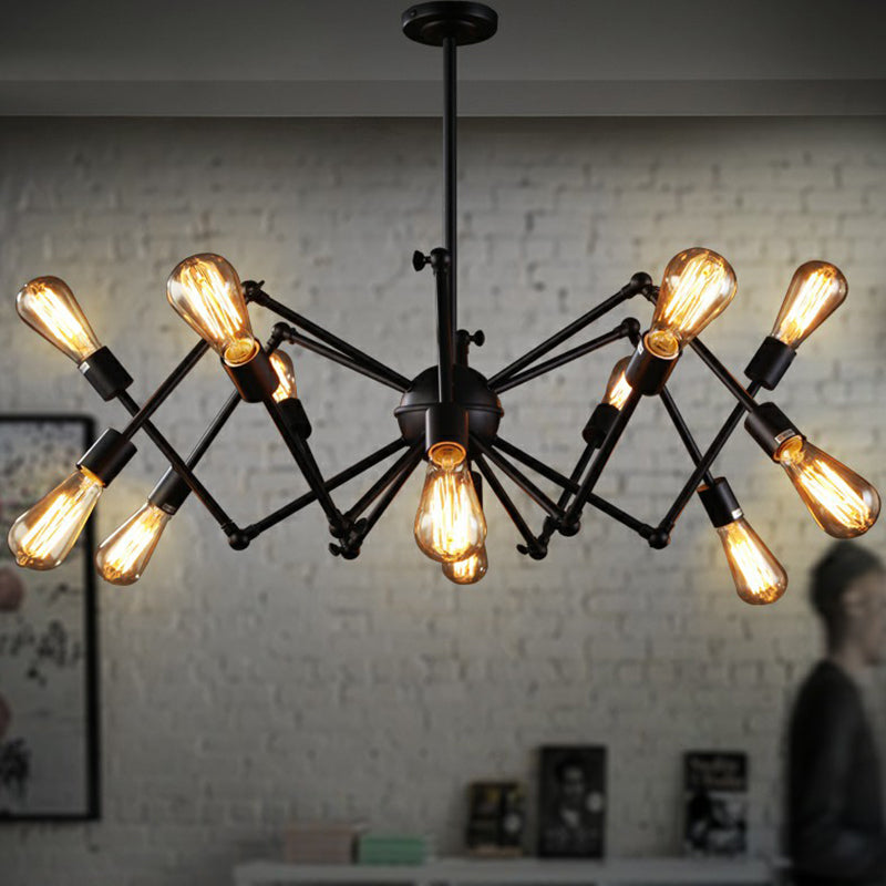 Iron Exposed Bulb Chandelier - Loft Style Restaurant Hanging Lamp with Swing Arm in Black