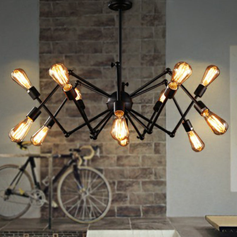 Black Iron Swing Arm Chandelier - Loft Style Restaurant Hanging Lamp With Exposed Bulb Lighting