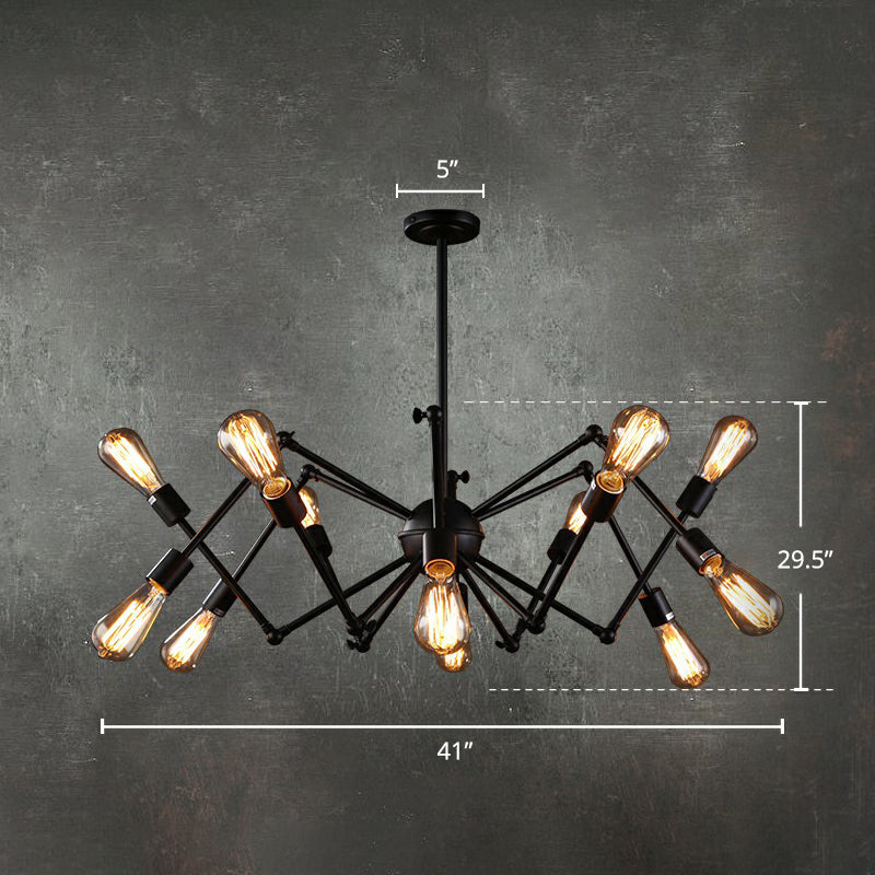 Iron Exposed Bulb Chandelier - Loft Style Restaurant Hanging Lamp with Swing Arm in Black
