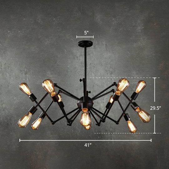 Black Iron Swing Arm Chandelier - Loft Style Restaurant Hanging Lamp With Exposed Bulb Lighting 12 /