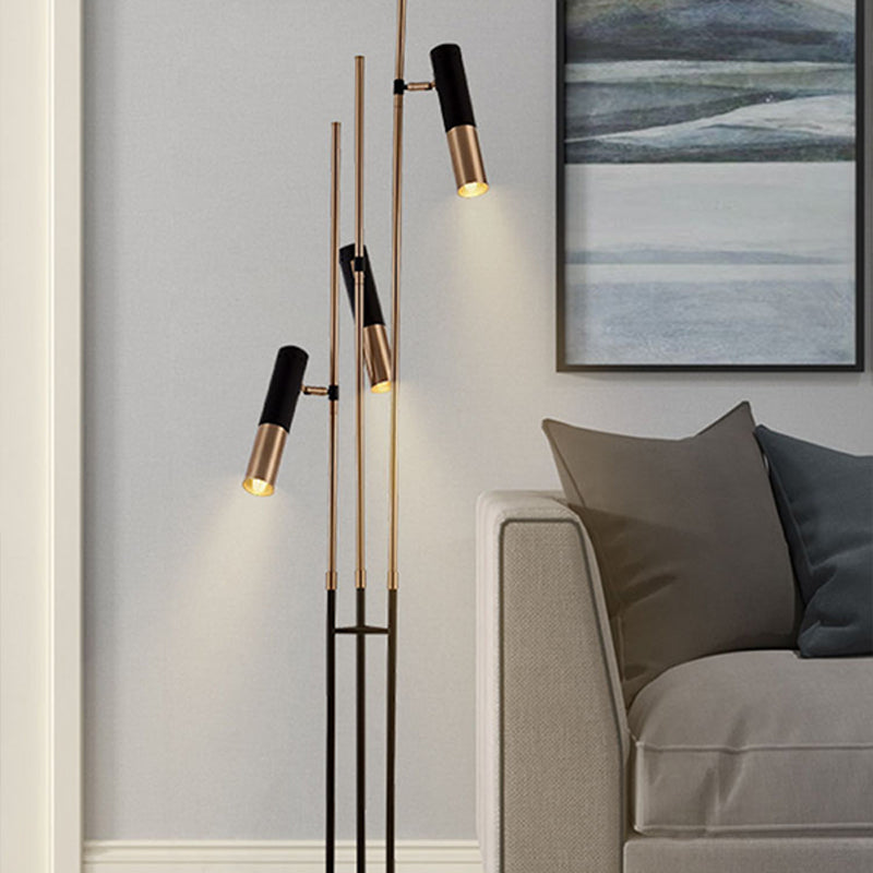 Modern 3-Light Floor Lamp In Gold And Black With Tubular Spotlight Metal Shade