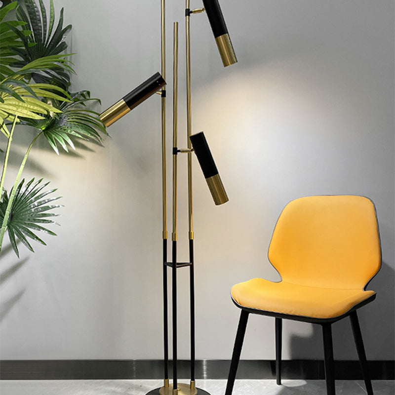 Modern 3-Light Floor Lamp In Gold And Black With Tubular Spotlight Metal Shade
