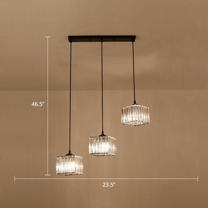 Modern Square Crystal Pendant Light With 3-Bulb Simplicity For Dining Room Ceiling - Black / Linear
