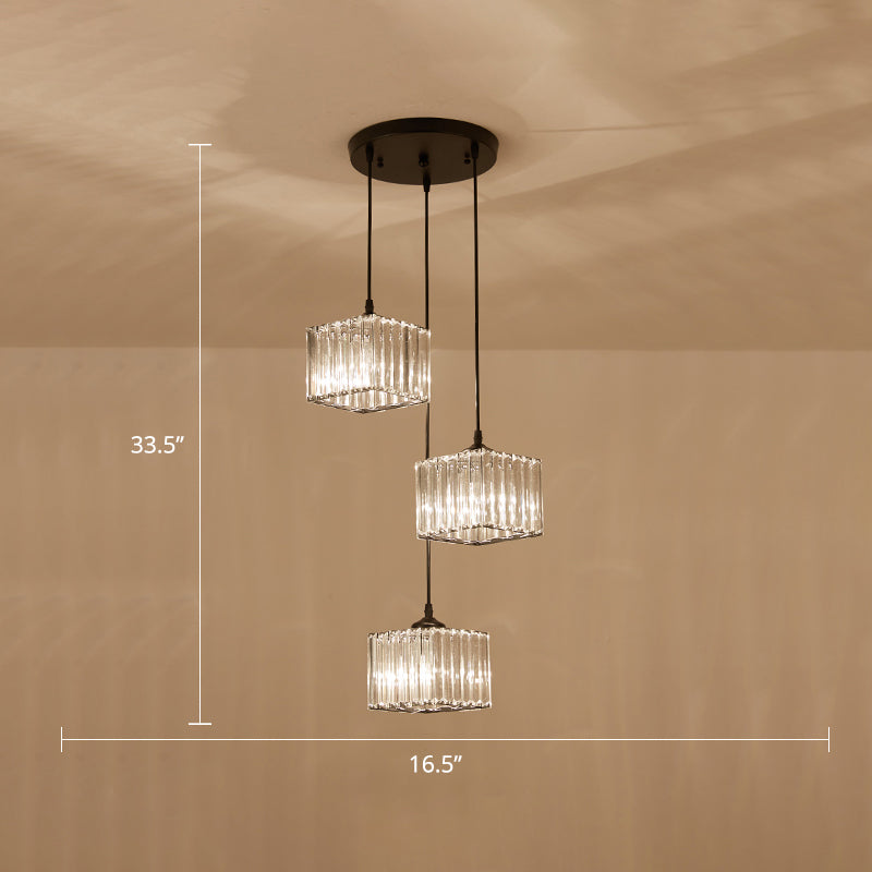 Modern Square Crystal Pendant Light With 3-Bulb Simplicity For Dining Room Ceiling - Black / Round
