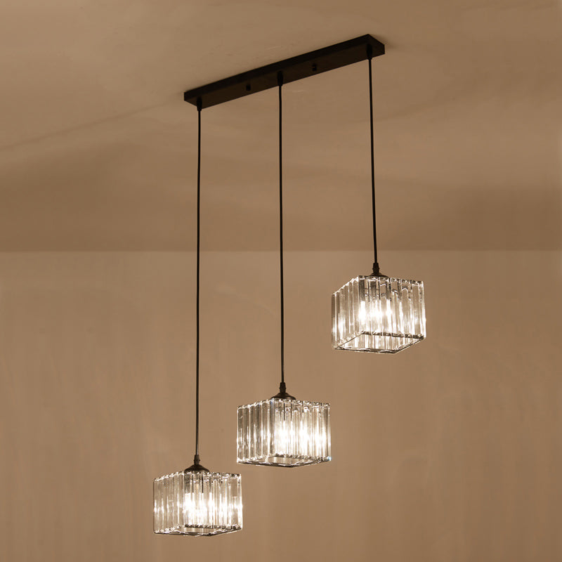 Modern Square Crystal Pendant Light With 3-Bulb Simplicity For Dining Room Ceiling - Black