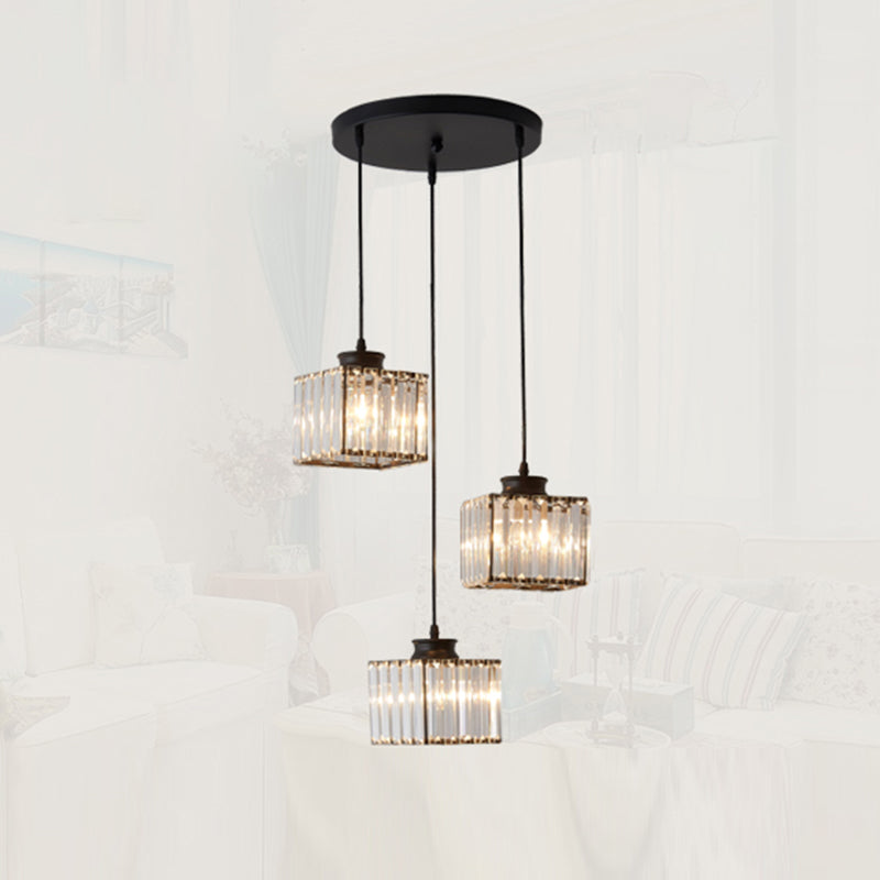 Minimalistic Crystal Pendant Lighting - Square Multi Ceiling Light For Dining Room (3 Heads) Black /