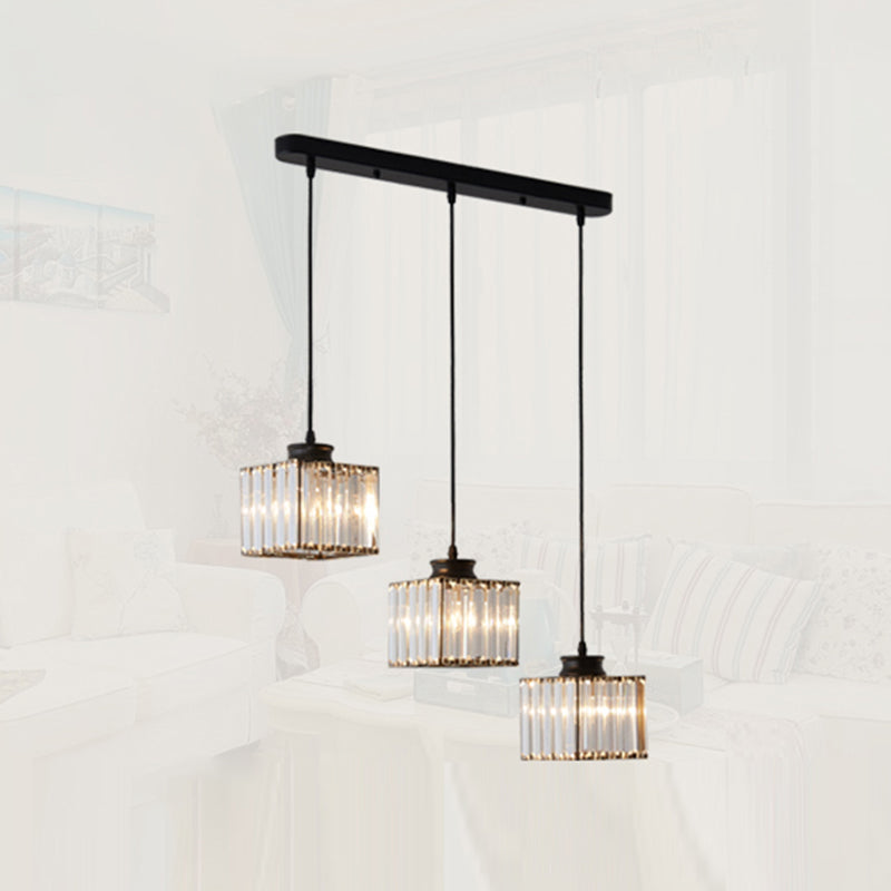 Minimalistic Crystal Pendant Lighting - Square Multi Ceiling Light For Dining Room (3 Heads)