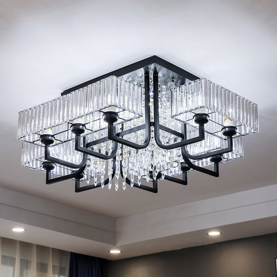 Black Semi Flush Mount Light with Prismatic Crystal for Living Room - Contemporary Rectangle Ceiling Light