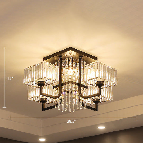 Black Semi Flush Mount Light with Prismatic Crystal for Living Room - Contemporary Rectangle Ceiling Light