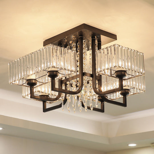 Black Semi Flush Mount Light With Prismatic Crystal For Living Room - Contemporary Rectangle Ceiling