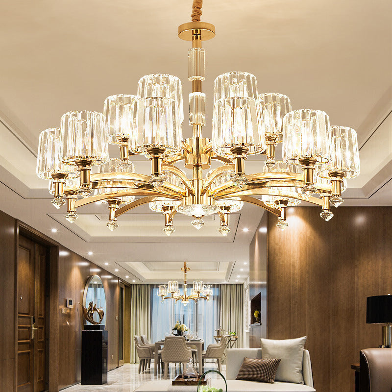 Modern Brass Cylindrical Crystal Chandelier For Living Room
