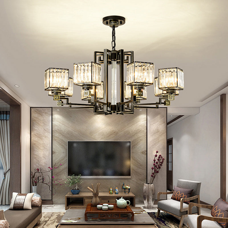 Black Tri-Sided Glass Chandelier With Traditional Cubic Pendant Lighting