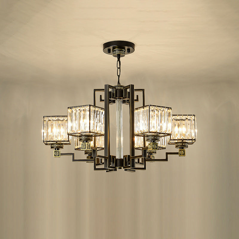 Black Tri-Sided Glass Chandelier With Traditional Cubic Pendant Lighting 6 /