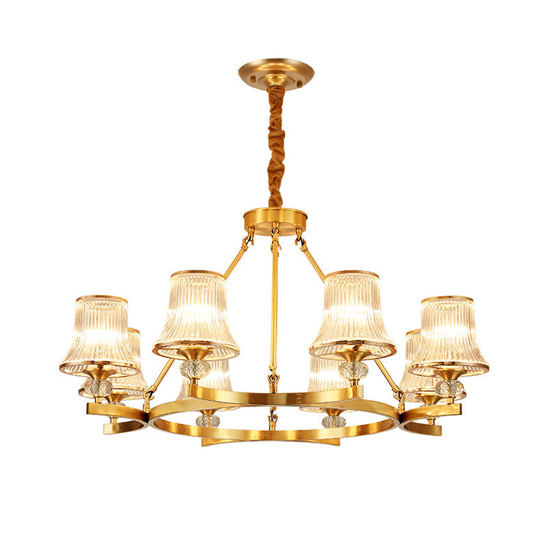 Vintage Brass Flared Chandelier With Clear Rib Glass - Living Room Pendant Light