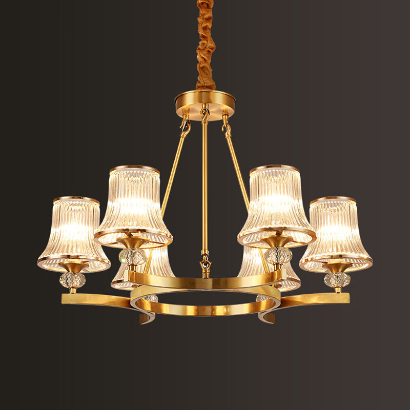 Vintage Brass Flared Chandelier With Clear Rib Glass - Living Room Pendant Light