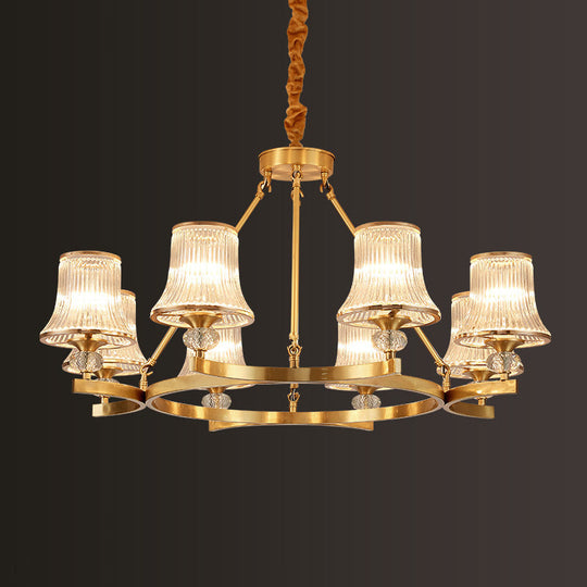 Vintage Brass Flared Chandelier With Clear Rib Glass - Living Room Pendant Light