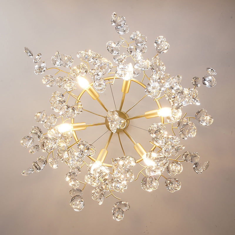 Beveled Crystal Chandelier: Country Brass Finish With Leaf Design Elegant Hanging Lamp For Living