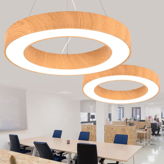 Minimalist LED Pendant Lamp for Meeting Rooms: Light Wood Circle Design with Metal Accents