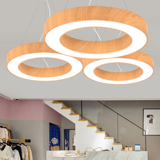 Minimalistic Led Chandelier: Light Wood Circle Pendant Lamp For Meeting Room