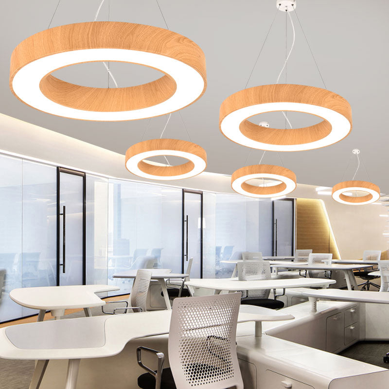 Minimalist LED Pendant Lamp for Meeting Rooms: Light Wood Circle Design with Metal Accents