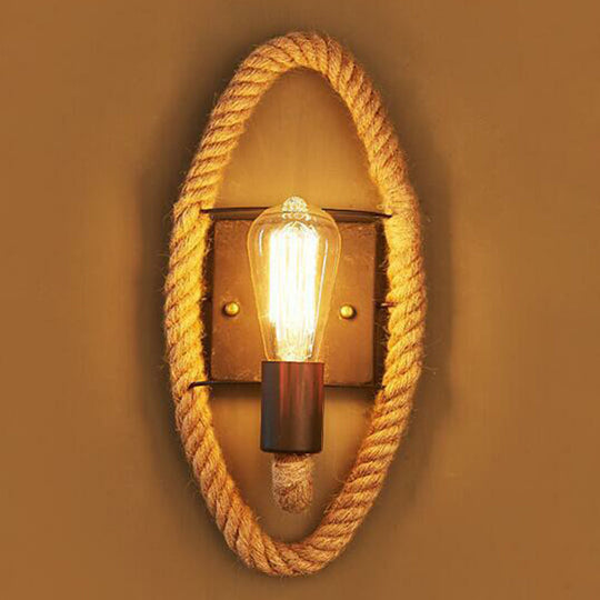 Rustic Open Bulb Wall Sconce With Roped Ring In Brown / Oval