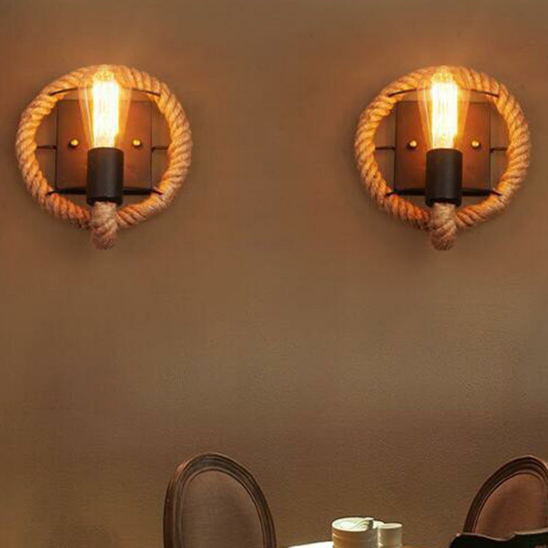 Rustic Open Bulb Wall Sconce With Roped Ring In Brown / Round