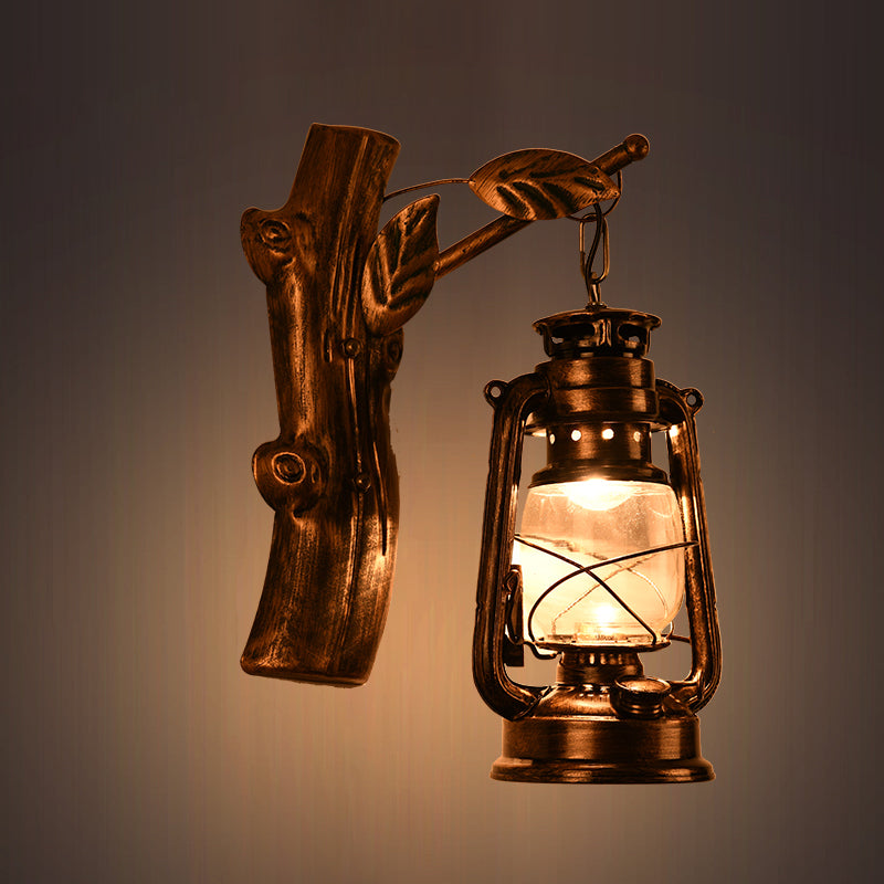 Rustic Black Oil Lantern Wall Sconce - Clear Glass 1 Head For Corridor Lighting / Left