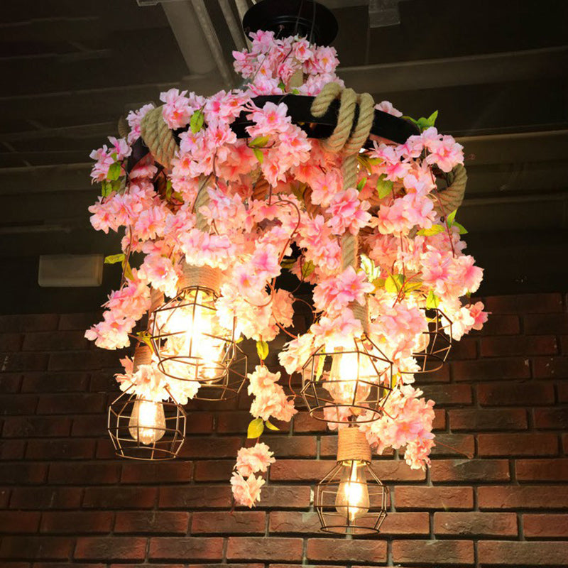 Rustic 6-Light Metal Pendant Chandelier With Cage And Fake Plant For Restaurants Pink