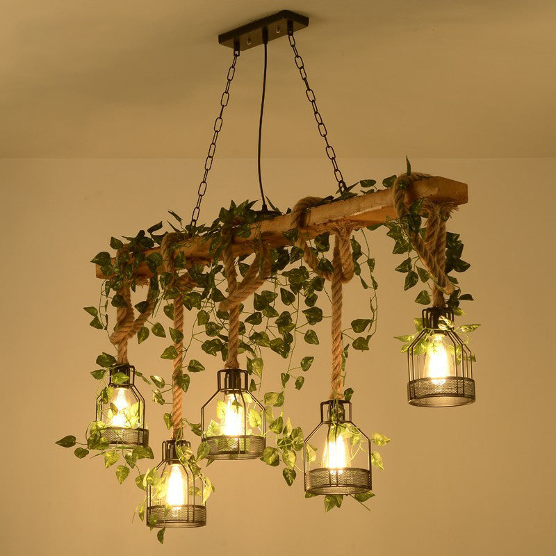 Rustic Wooden Brown Island Light With 5 Heads Cage Shade And Green Art Ivy Pendant