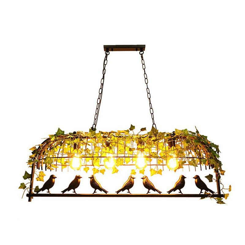 Industrial Cage Metal Pendant Light With Green Imitation Leaf For Dining Room