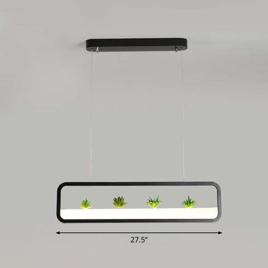 Metal Led Hanging Light For Restaurants: Artistic Rectangle Island Lamp With Imitation Succulents