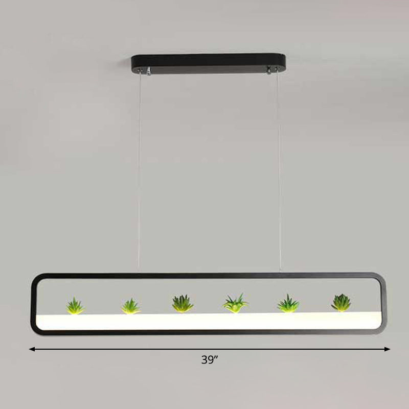Metal Led Hanging Light For Restaurants: Artistic Rectangle Island Lamp With Imitation Succulents