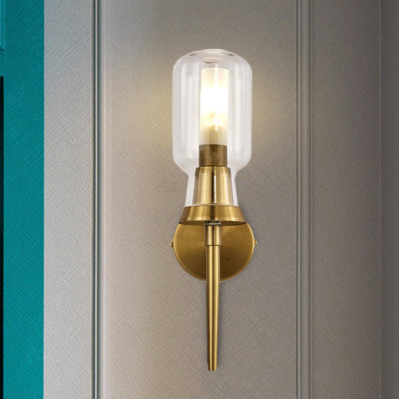 Frosted Glass Wall Sconce With Gold Flush Mount For Stairway - Traditionally Designed Cylinder Light