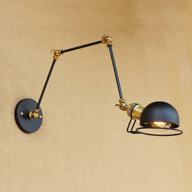 Vintage Industrial Bowl Wall Lamp With Swing Arm - 1-Light Iron Sconce Light Fixture In Black/Brass