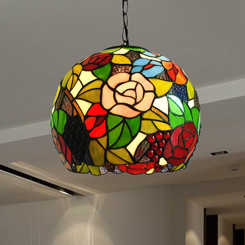 Antique Bronze Tiffany-Style Stained Glass Pendant Light - Global 1 Head Ceiling Hanging 10/12 Wide