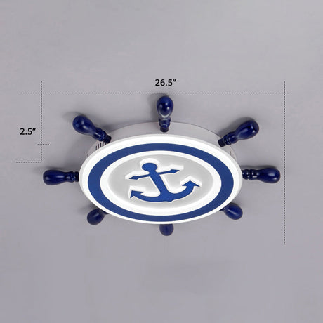 Blue Led Flushmount Ceiling Lamp For Kids Room With Cartoon Ship Rudder Design / 27 White