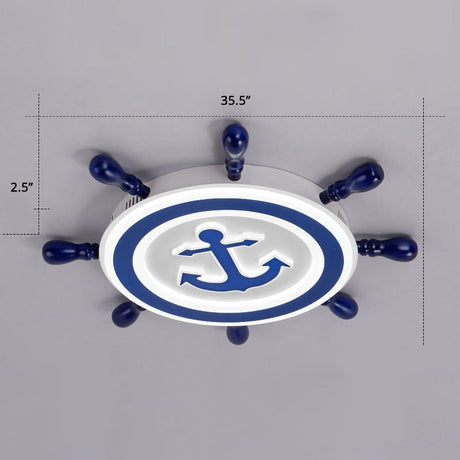 Blue Led Flushmount Ceiling Lamp For Kids Room With Cartoon Ship Rudder Design / 35.5 Warm