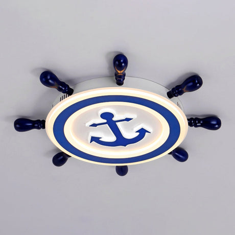 Blue Led Flushmount Ceiling Lamp For Kids Room With Cartoon Ship Rudder Design
