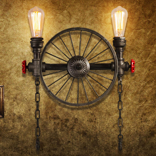 Industrial Iron Garage Sconce Lamp - Black Wheel Wall Mounted Light With Chain And Valve
