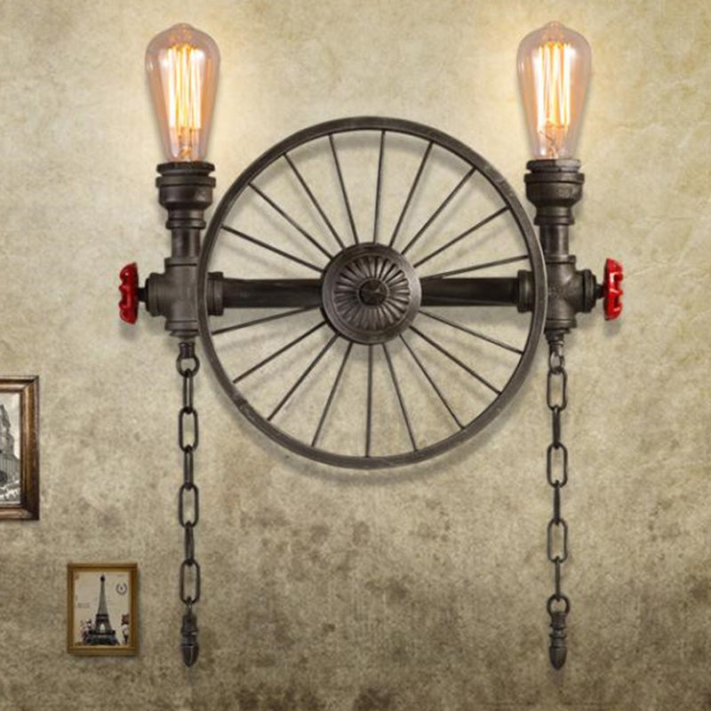 Industrial Iron Garage Sconce Lamp - Black Wheel Wall Mounted Light With Chain And Valve 2 /