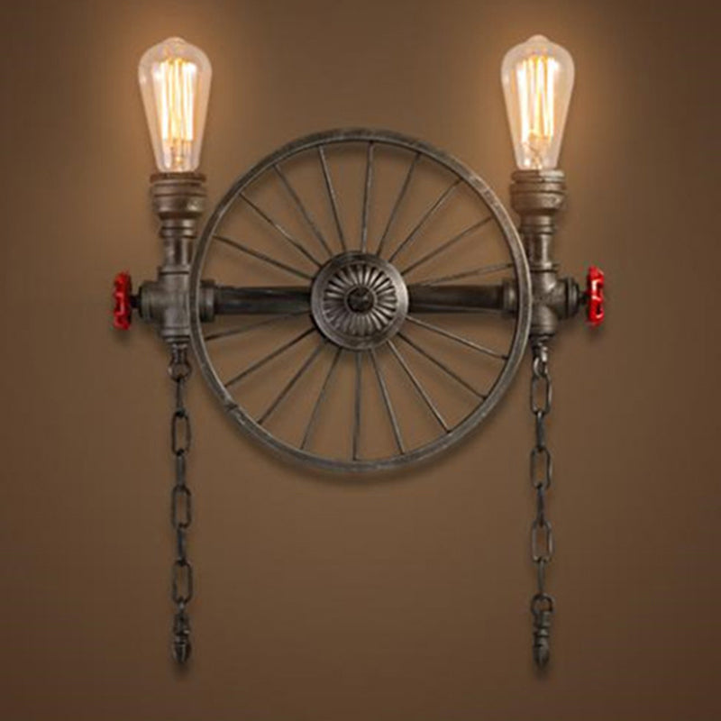 Industrial Iron Garage Sconce Lamp - Black Wheel Wall Mounted Light With Chain And Valve