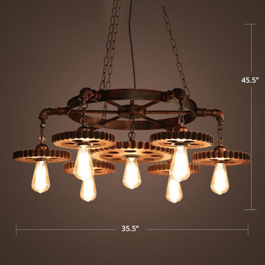 Factory Style Iron Suspension Chandelier with Bronze Finish & Gear Wheel Deco – Bare Bulb Lighting