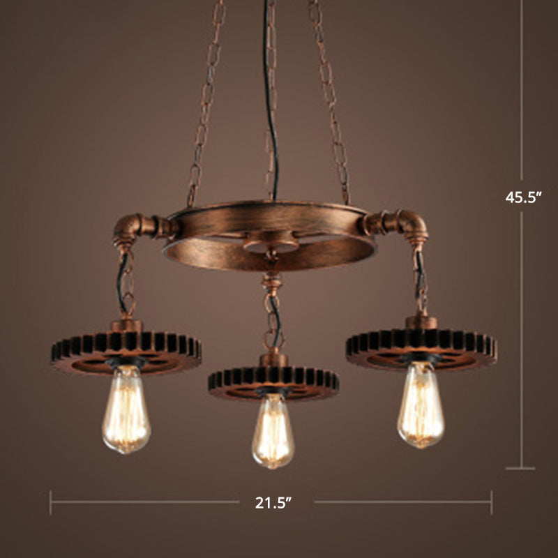 Factory-Style Iron Chandelier With Bronze Finish Bare Bulb Suspension And Gear/Wheel Deco 3 /