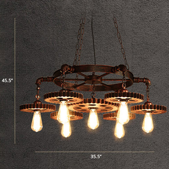 Factory-Style Iron Chandelier With Bronze Finish Bare Bulb Suspension And Gear/Wheel Deco