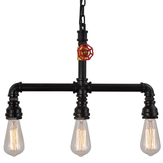Industrial Metal 3-Head Hanging Light With Red Valve Decor - Water Pipe Restaurant Island Lamp