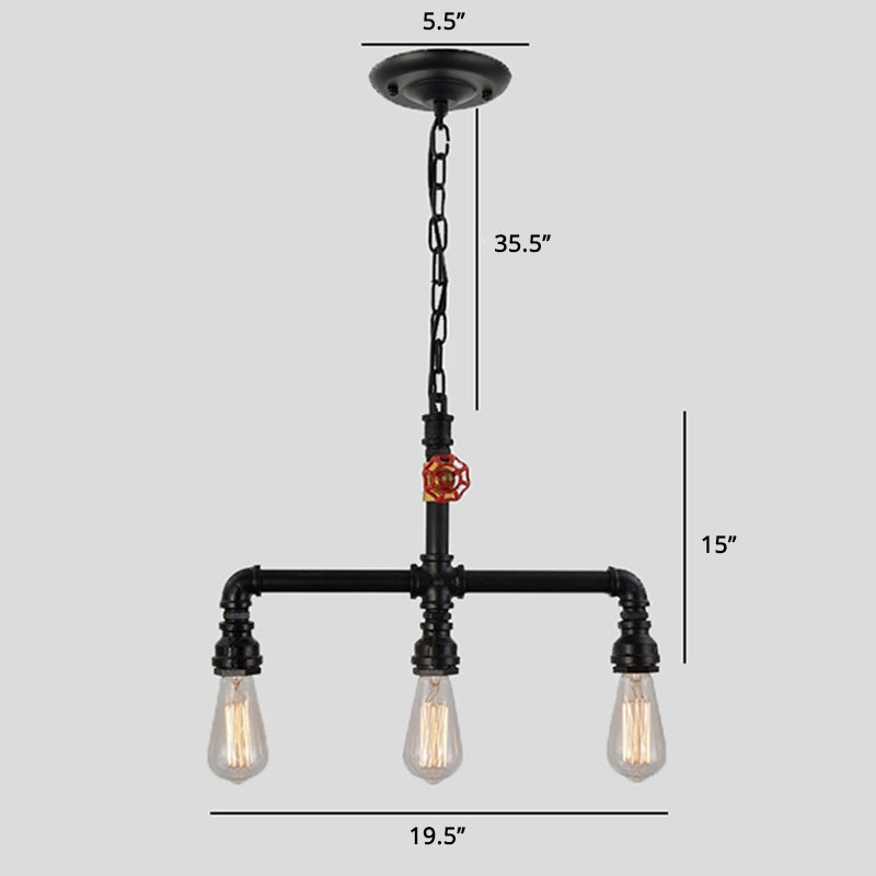 Industrial Metal 3-Head Hanging Light With Red Valve Decor - Water Pipe Restaurant Island Lamp