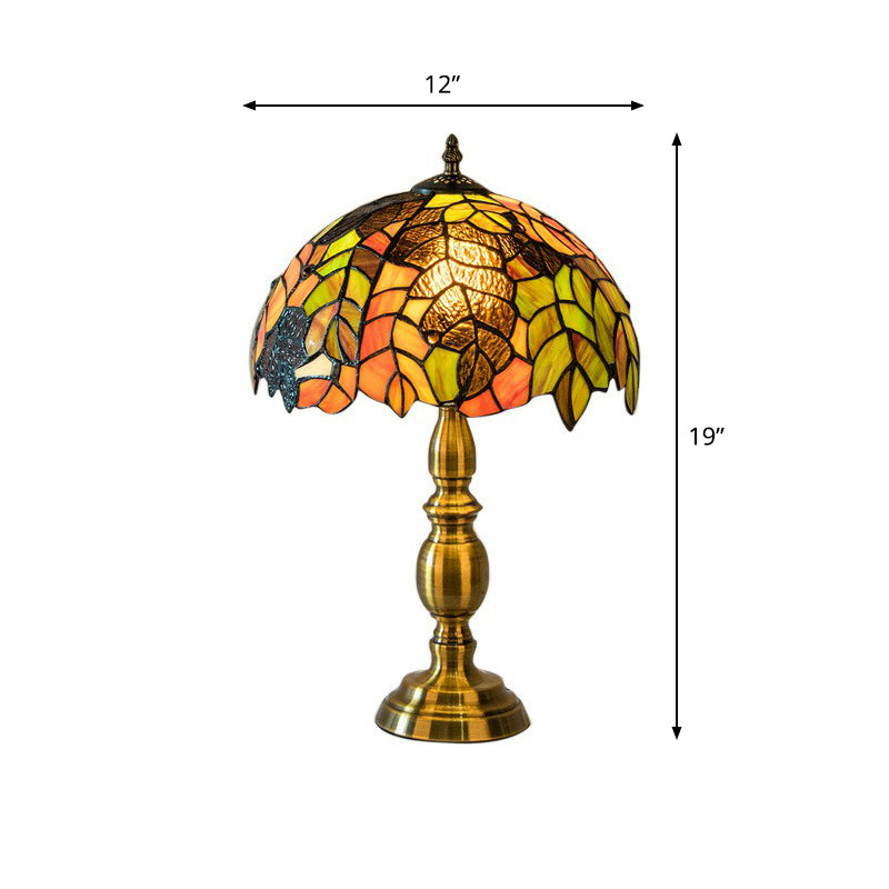 Grape Leaf Night Light With Tiffany Glass Shade - Traditional Bedroom Table Lamp Brass / Straight