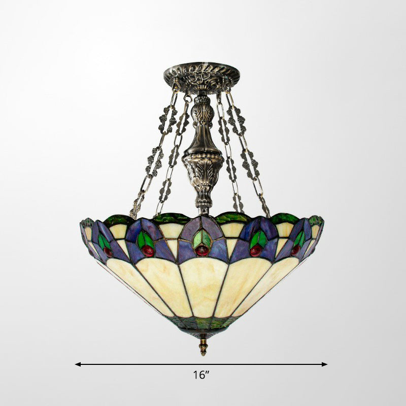 Conical Pendant Chandelier: 3-Light Stained Glass Hanging Light - Suitable for Dining Room Décor - Beige