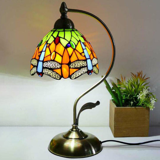 Tiffany Gooseneck Table Lamp - Metal Nightstand Light With Hand-Cut Glass Shade