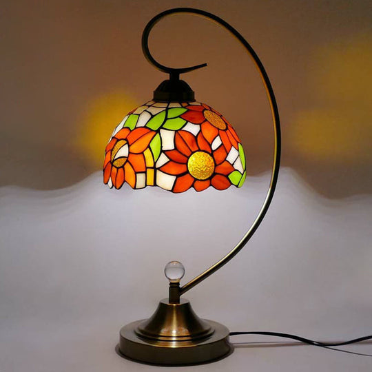 Tiffany Gooseneck Table Lamp - Metal Nightstand Light With Hand-Cut Glass Shade Yellow-Red